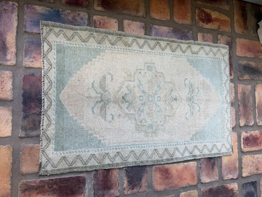 Small Oushak Rug in pale blue and beige hand-knotted wool vintage design