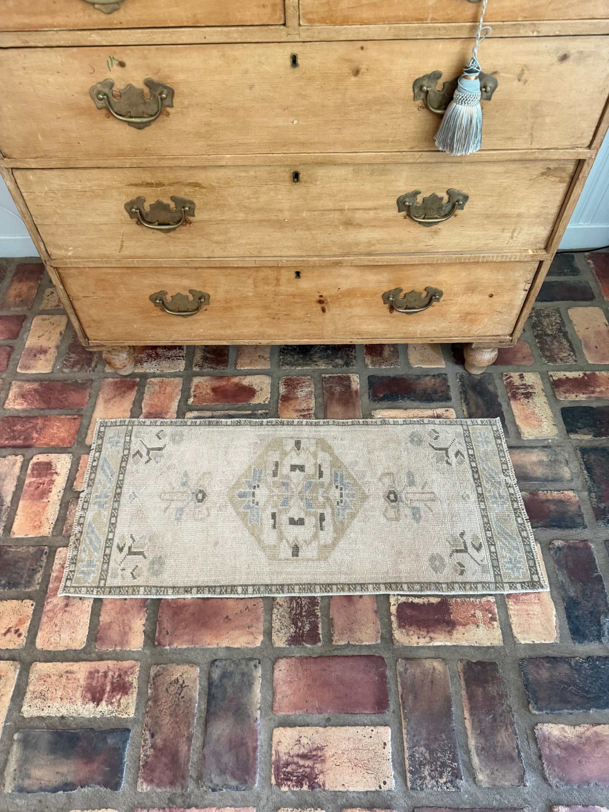 1'4" x 3'2" Small Turkish Rug vintage hand-knotted wool with brown, gray, and olive green tones