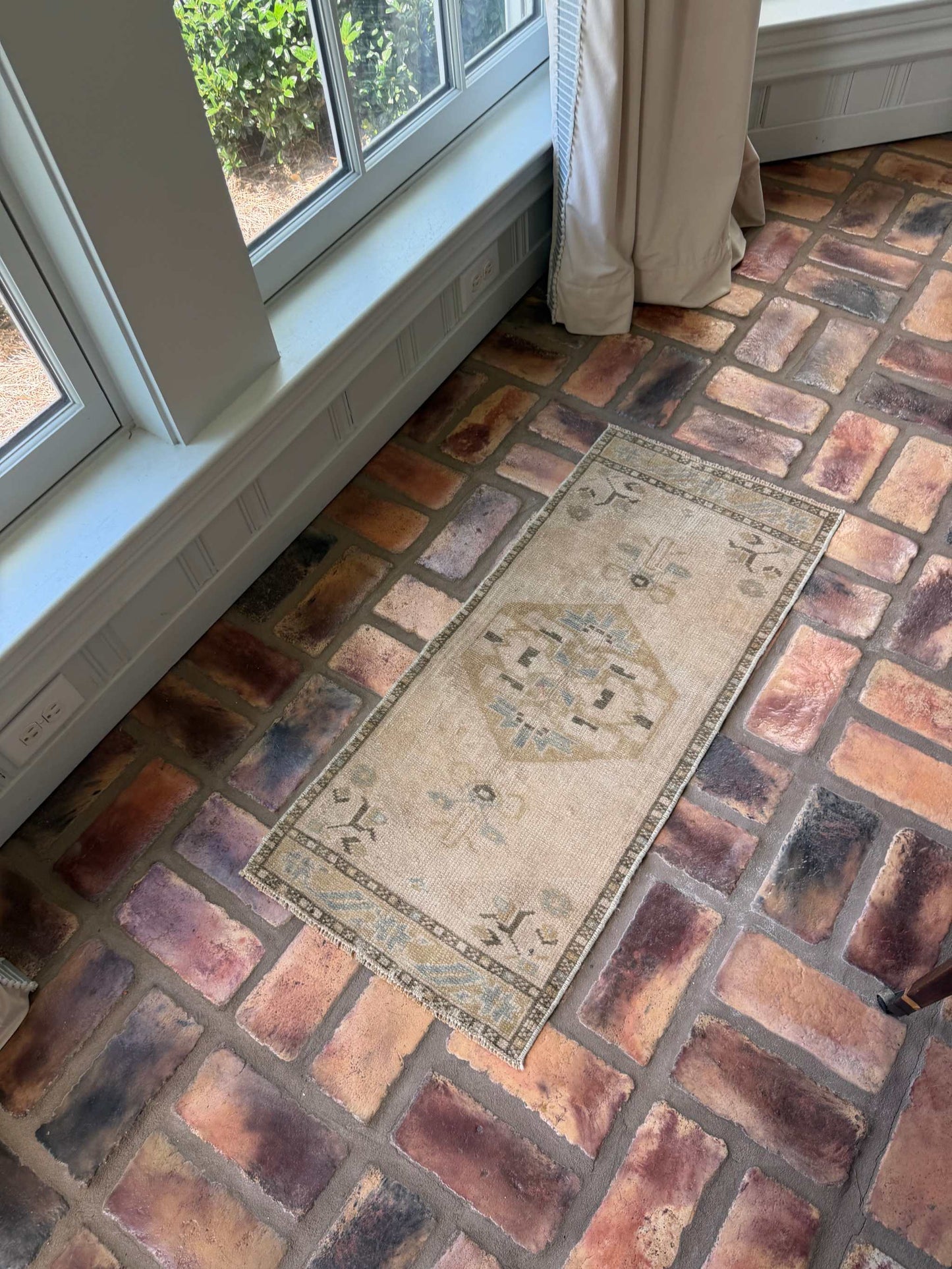 1'4" x 3'2" small Turkish rug with brown, gray, and olive green hand-knotted wool design