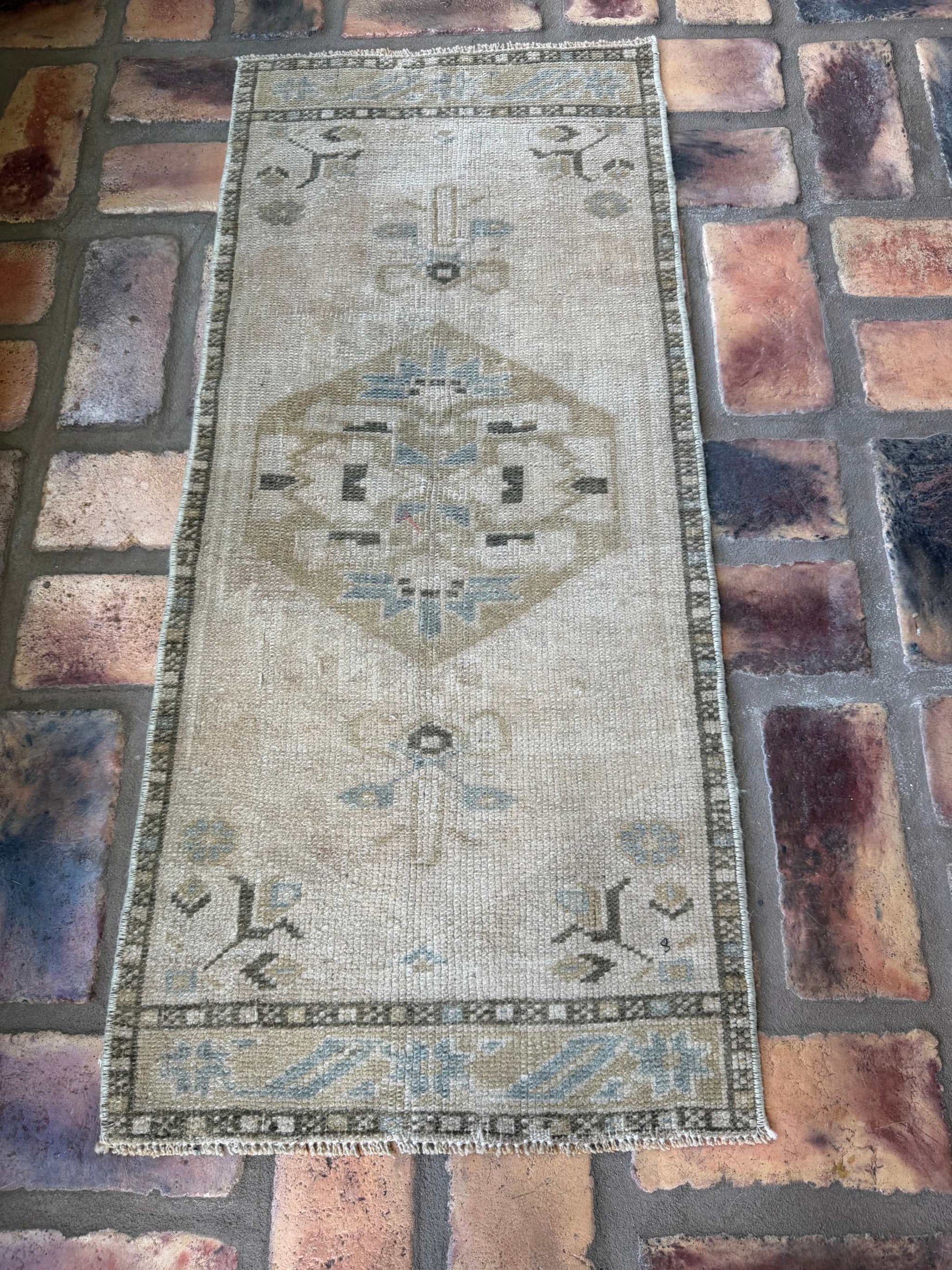 1'4" x 3'2" Small Turkish Rug vintage hand-knotted wool in brown, gray, and olive green