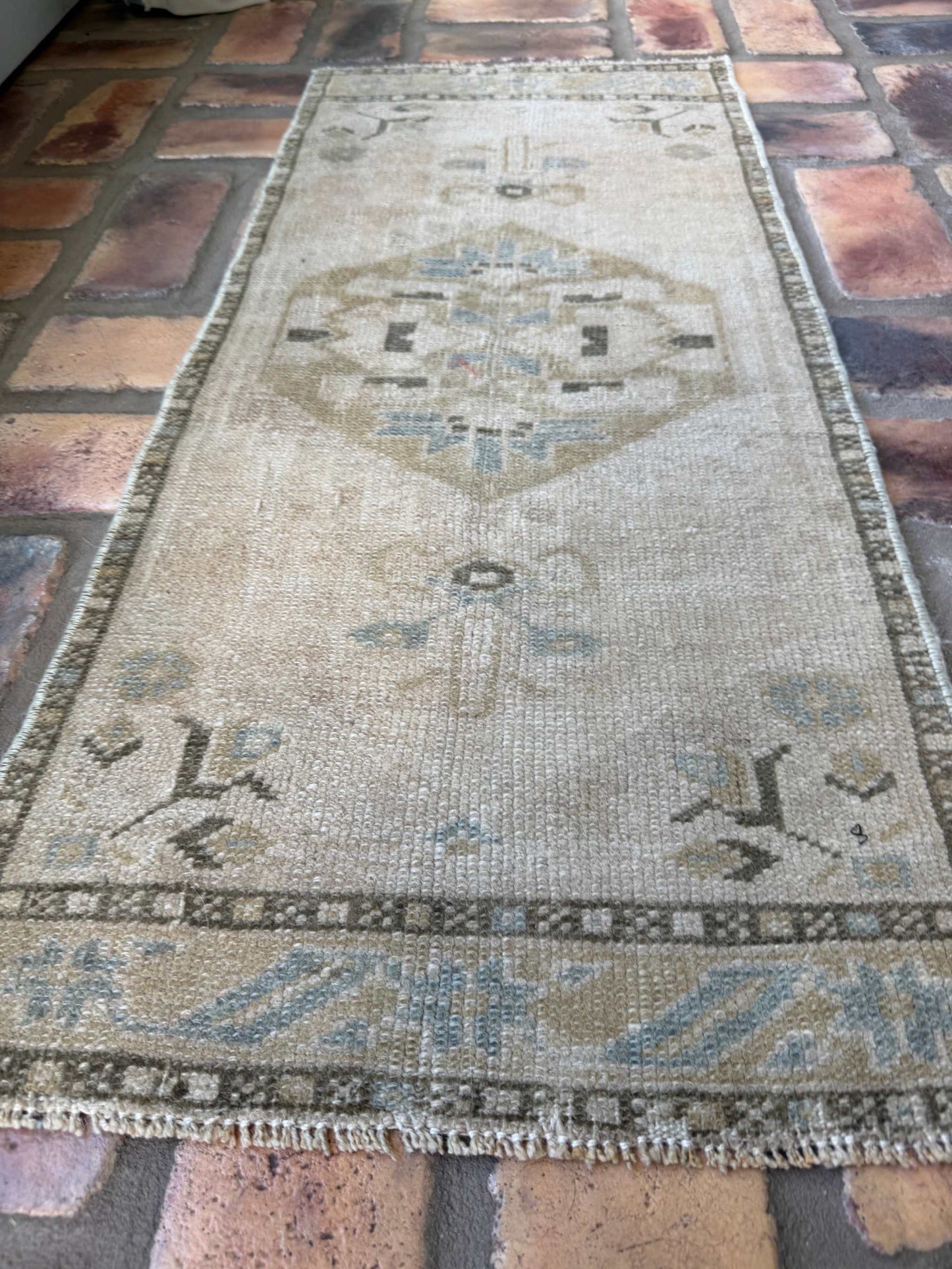1'4" x 3'2" Small Turkish Rug vintage hand-knotted wool with brown, gray, and olive green tones