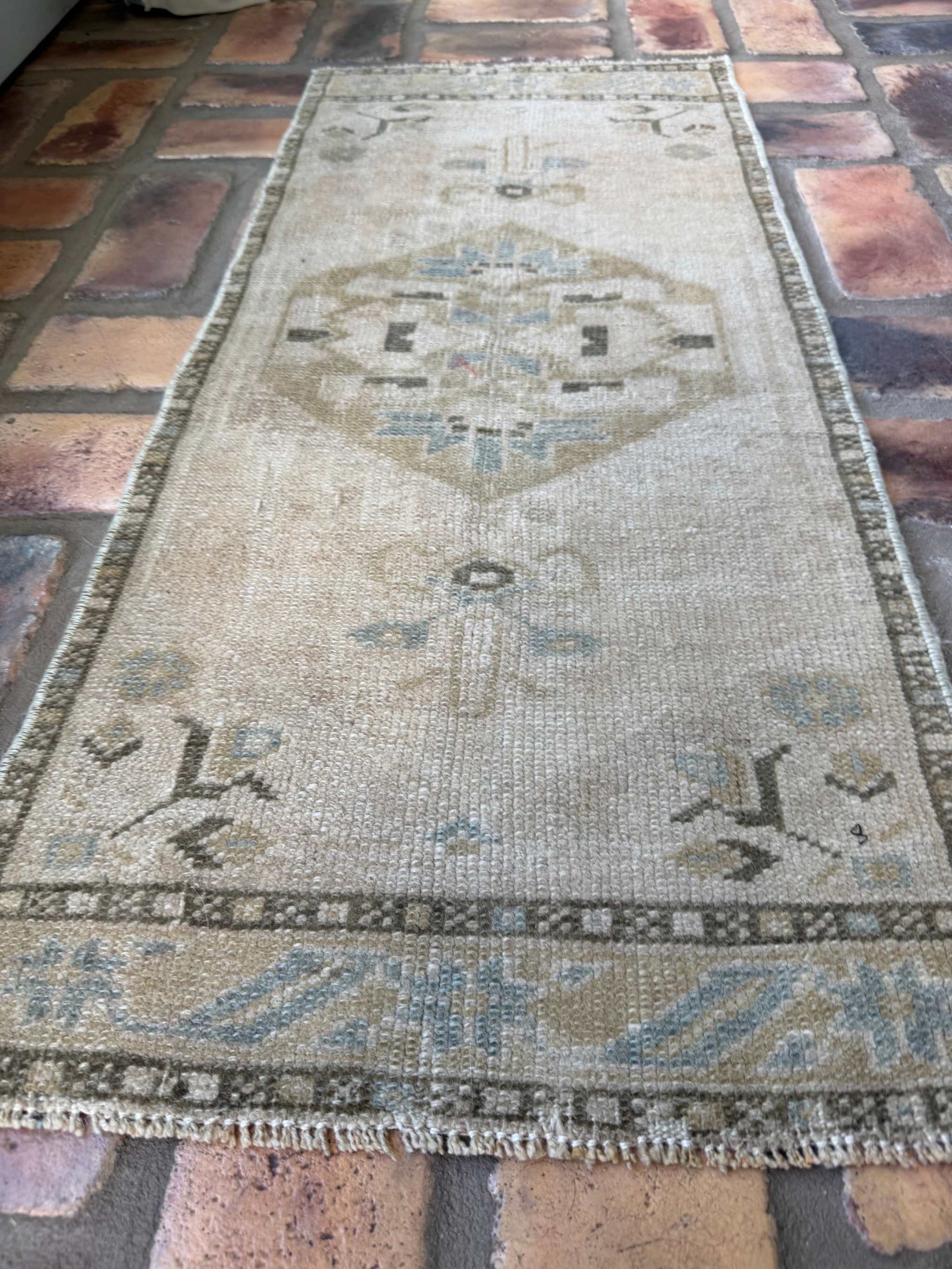 1'4" x 3'2" Small Turkish Rug vintage hand-knotted wool with brown, gray, and olive green tones