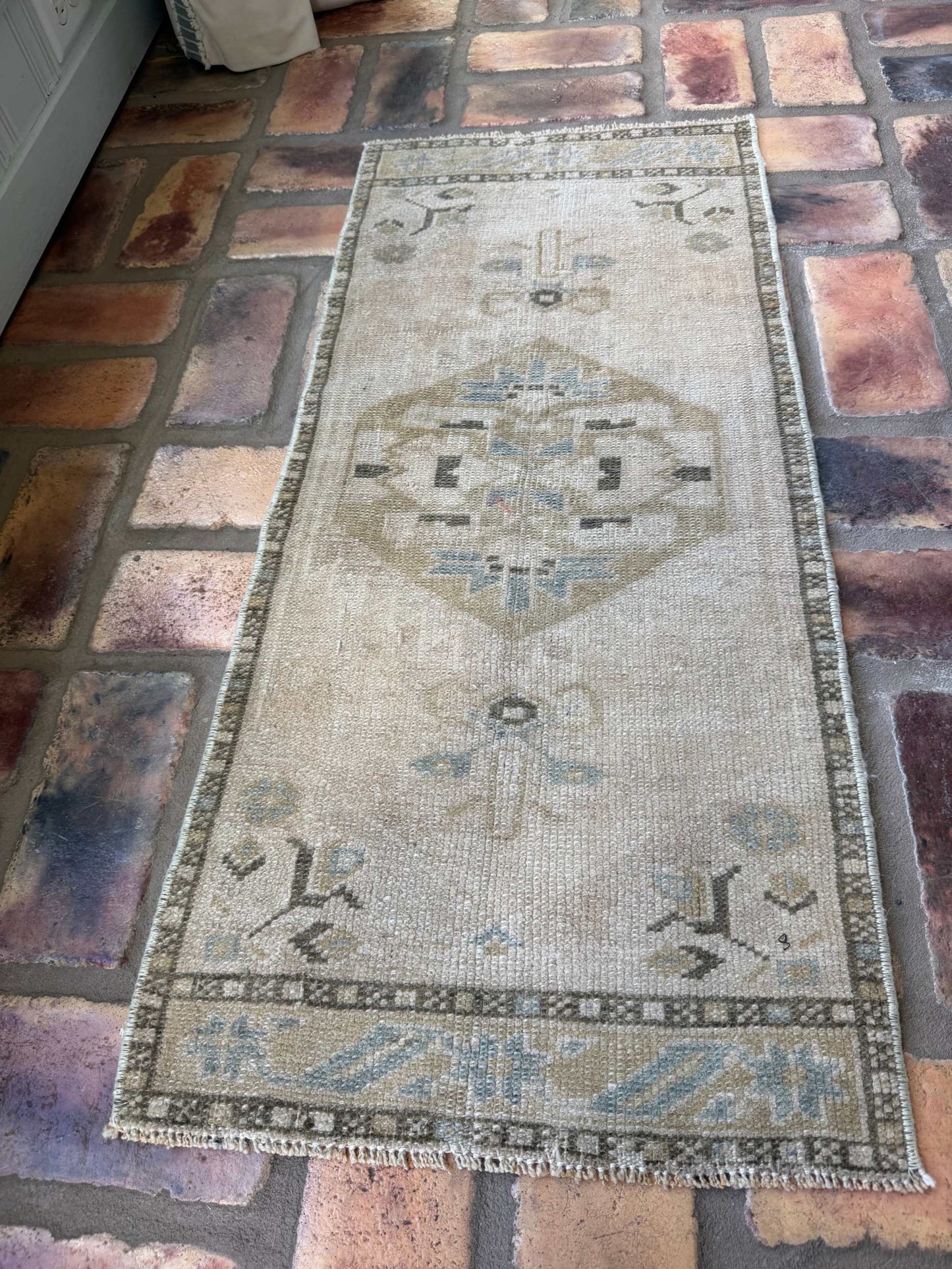 1'4" x 3'2" Small Turkish Rug with brown, gray, and olive green vintage hand-knotted wool design