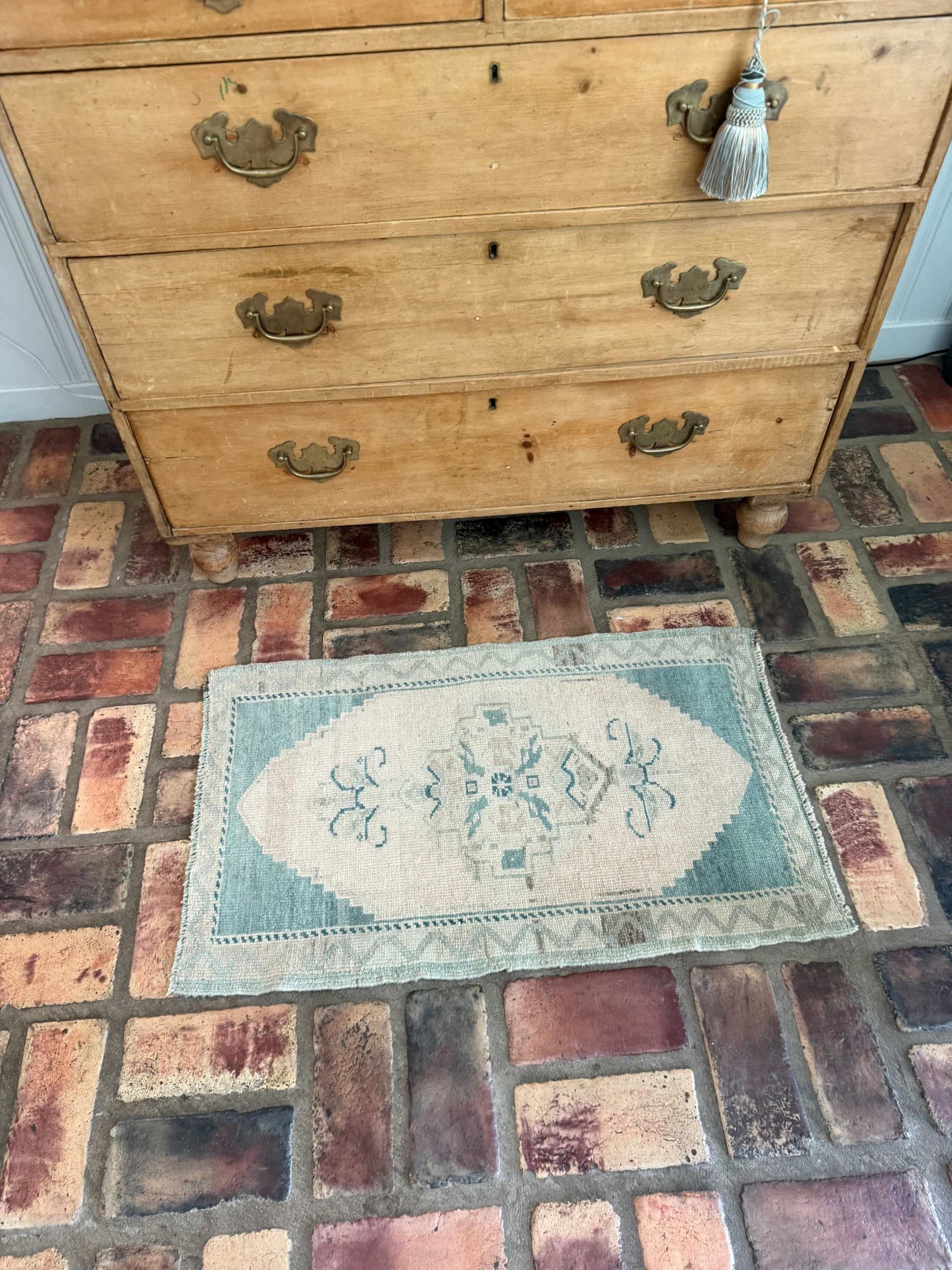 Small Oushak Rug in blue-green and beige hand-knotted wool vintage design