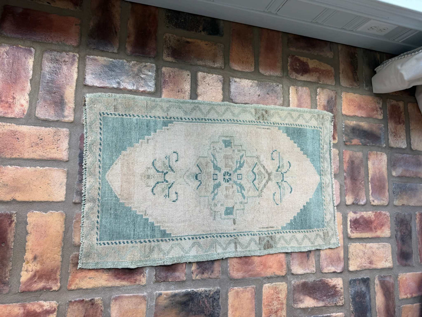 Small Oushak Rug in blue-green and beige, hand-knotted wool vintage design