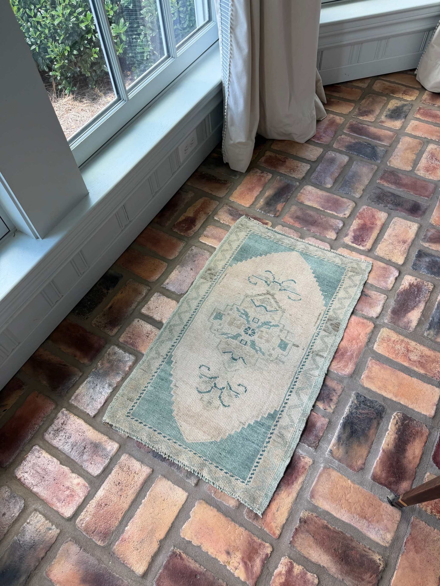 Small Oushak Rug in blue-green and beige with vintage hand-knotted wool design