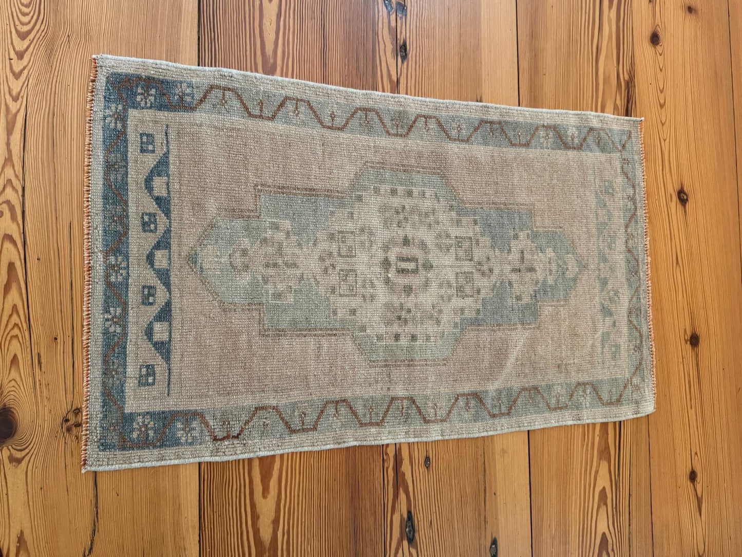 Small Turkish Rug vintage hand-knotted wool in beige and blue grays