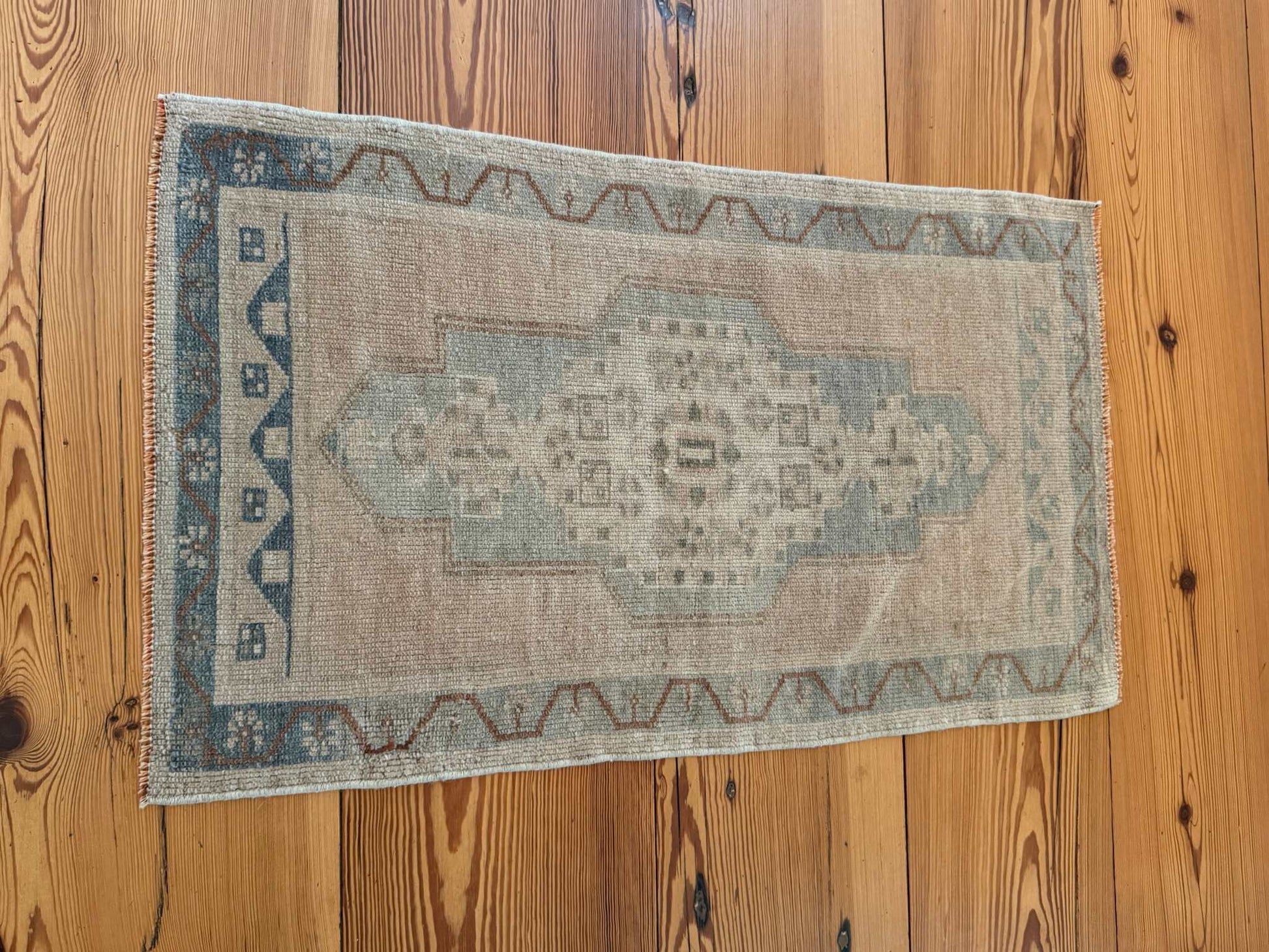 Small Turkish Rug vintage hand-knotted wool in beige and blue grays