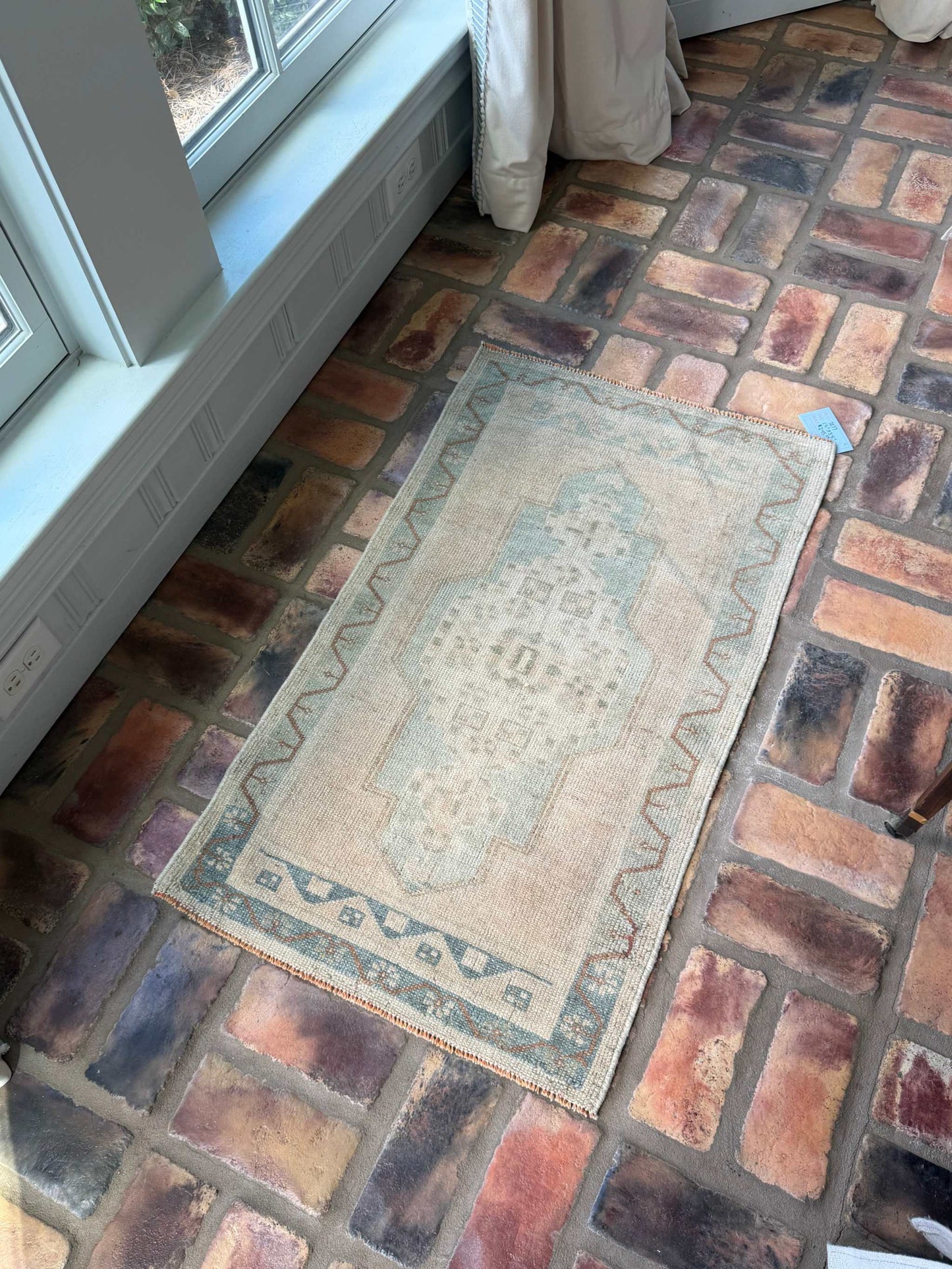 Small Turkish Rug 1'11" x 3'5" vintage hand-knotted wool with warm beige and blue grays