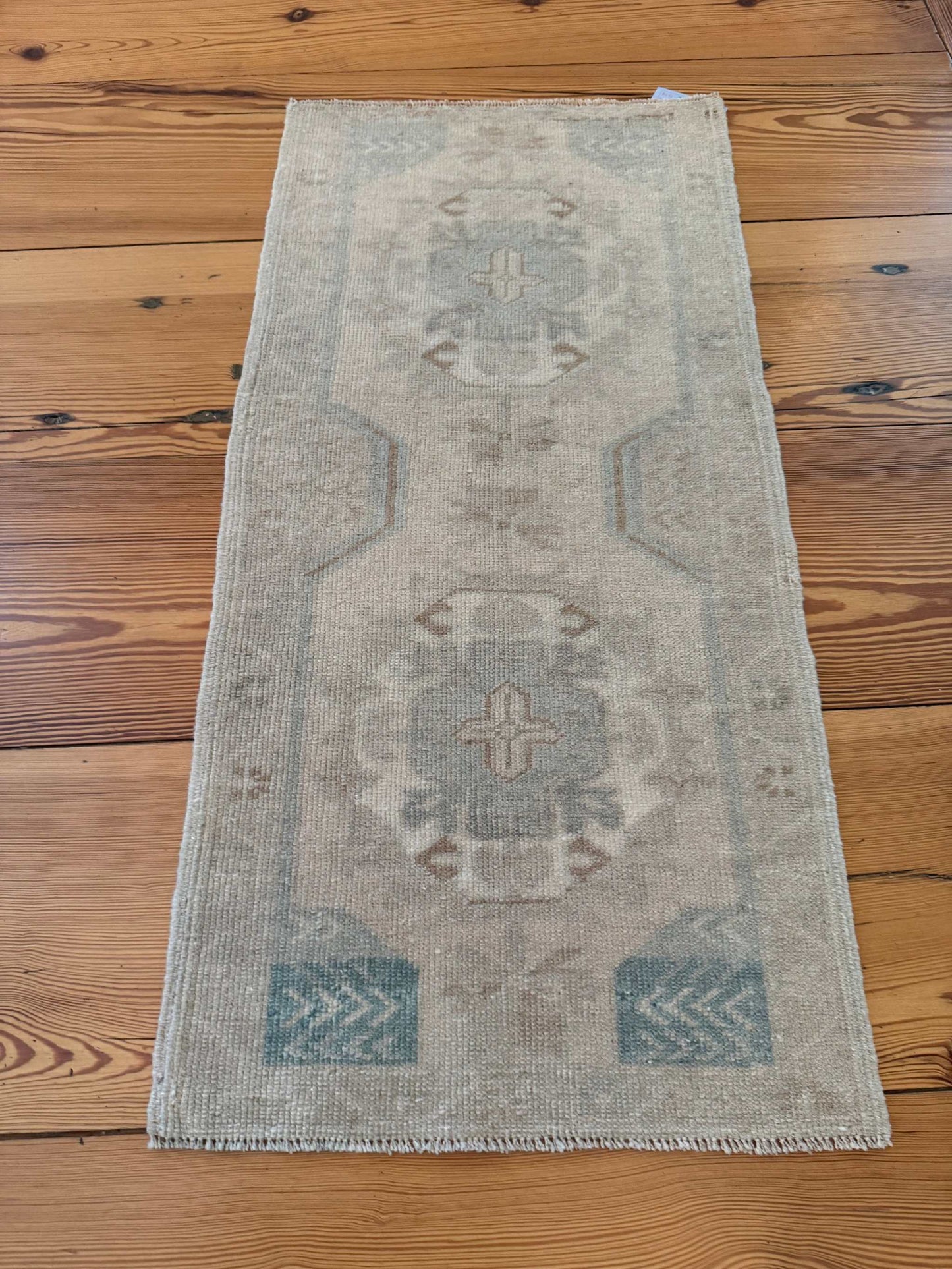 Small Oushak Rug 1'9" x 3'7" vintage hand-knotted wool with pale blue-gray and beige double cross medallion design