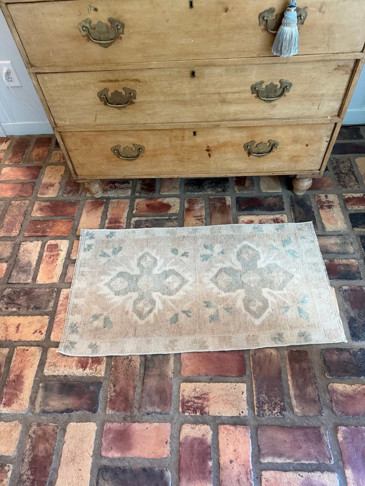Small Oushak Rug in beige, tan, and pale sage green with double cross design, hand-knotted wool vintage style