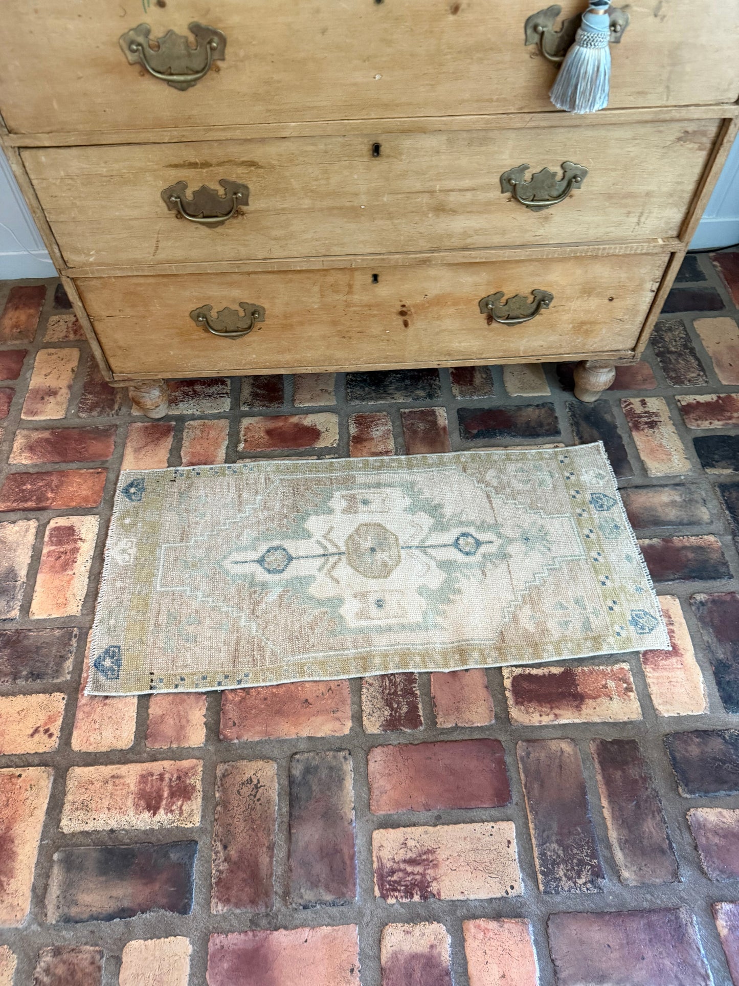 Small Oushak Rug in greens and tans hand-knotted wool vintage design