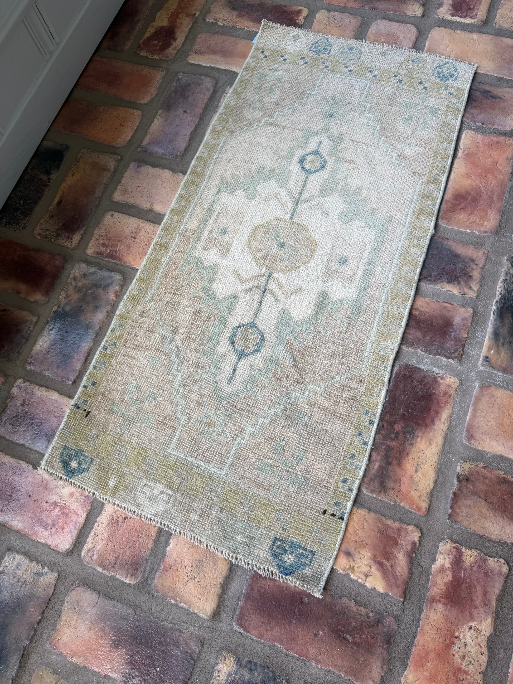 Small Oushak Rug in green and tan, hand-knotted wool vintage design