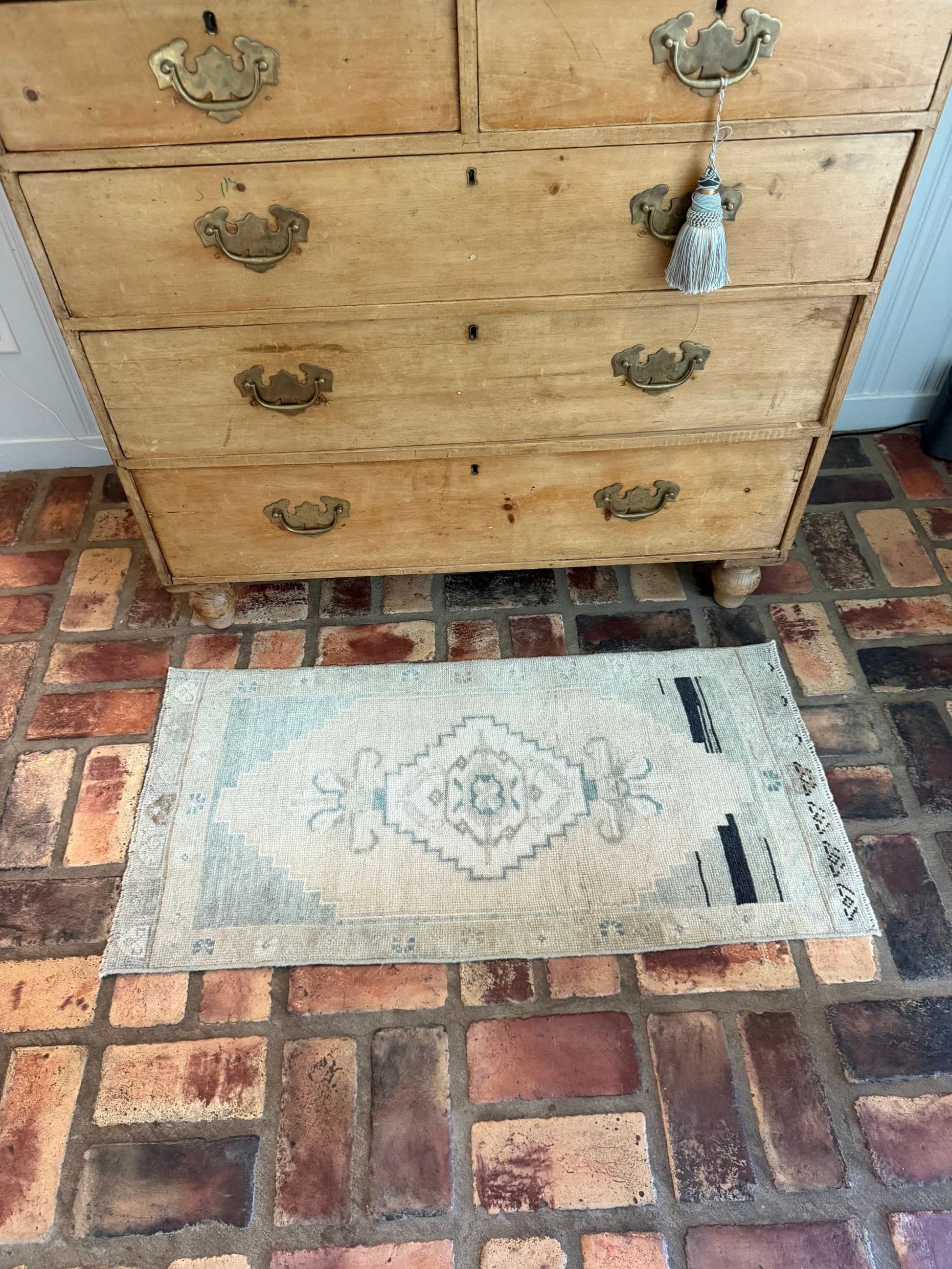 1'8" x 3'4" Small Oushak Rug with pale sage green and tan hand-knotted wool vintage design