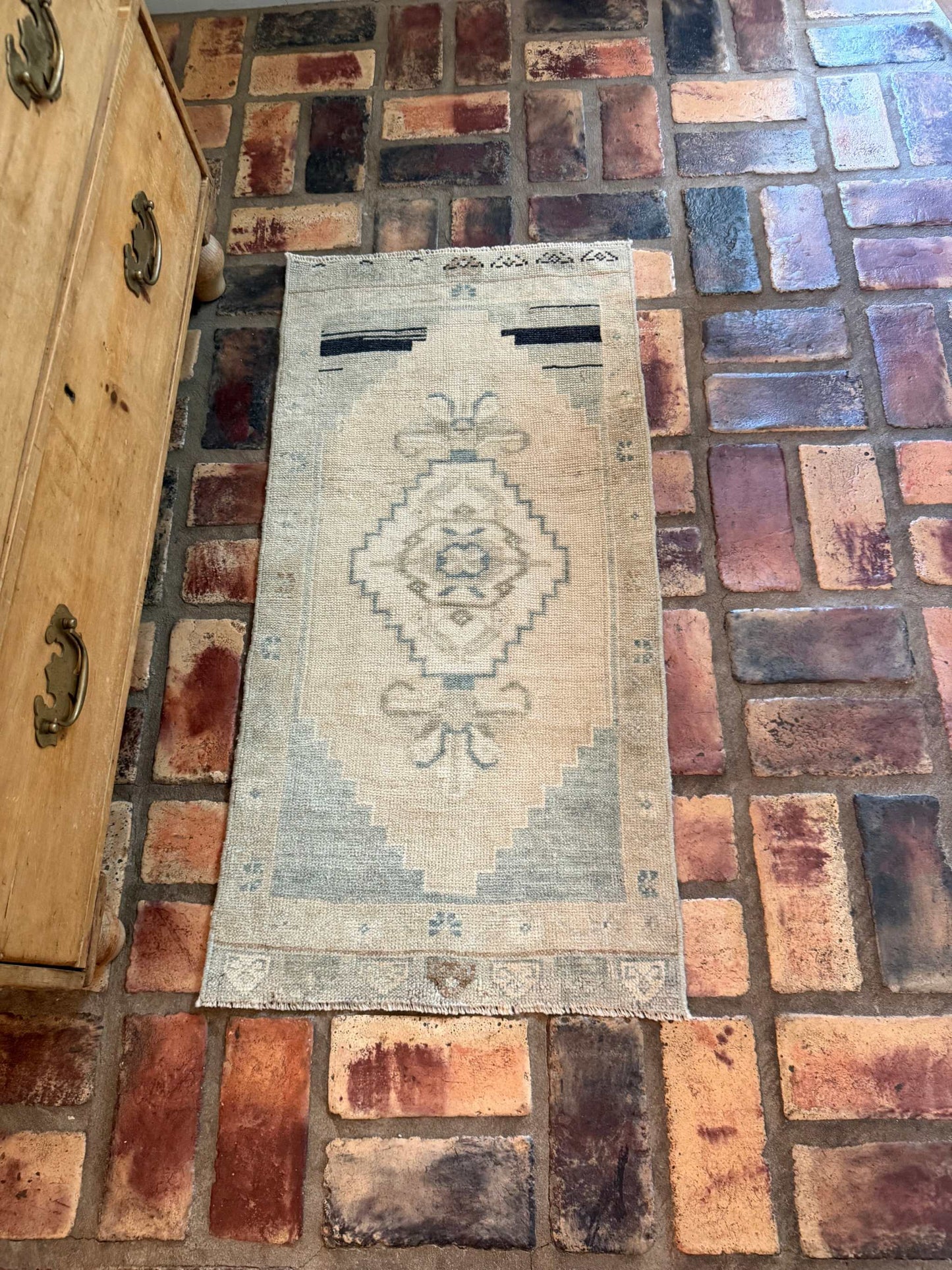 1'8" x 3'4" Small Oushak Rug in pale sage green and tan hand-knotted wool vintage design
