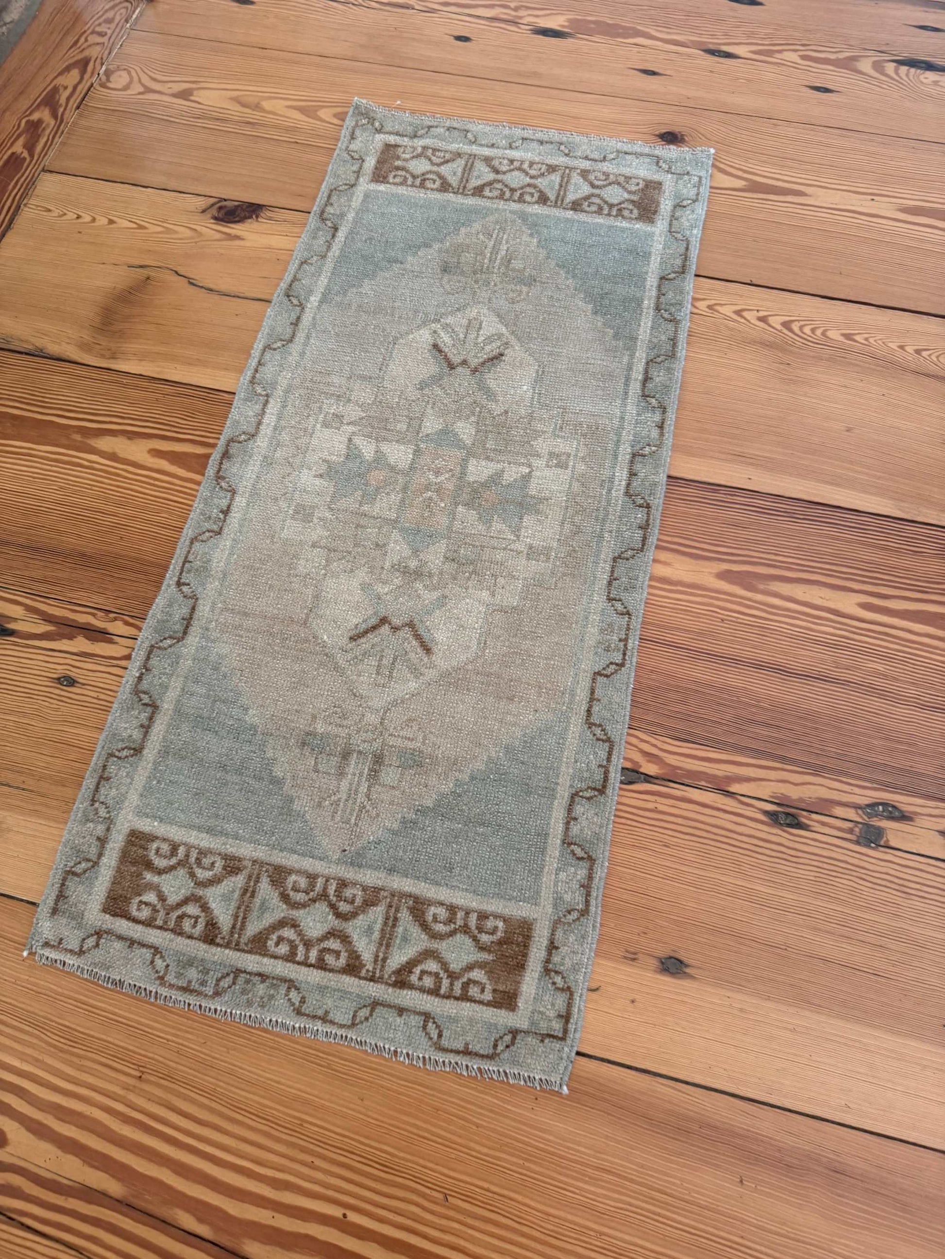 Small Oushak Rug in sage, beige, and brown hand-knotted wool vintage design