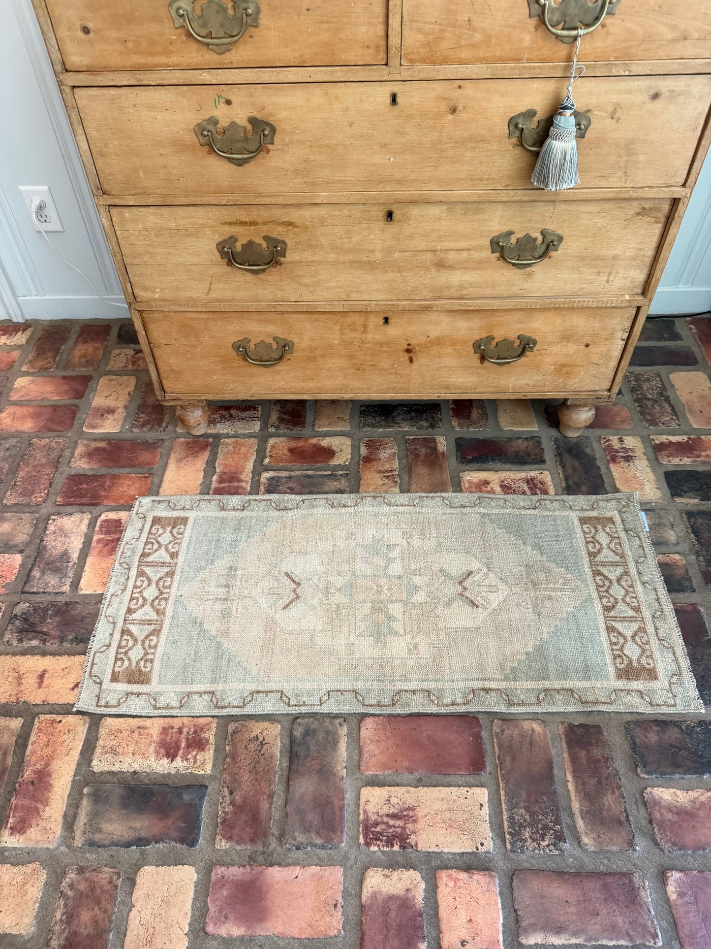 Small Oushak Rug in sage, beige, and brown vintage hand-knotted wool design