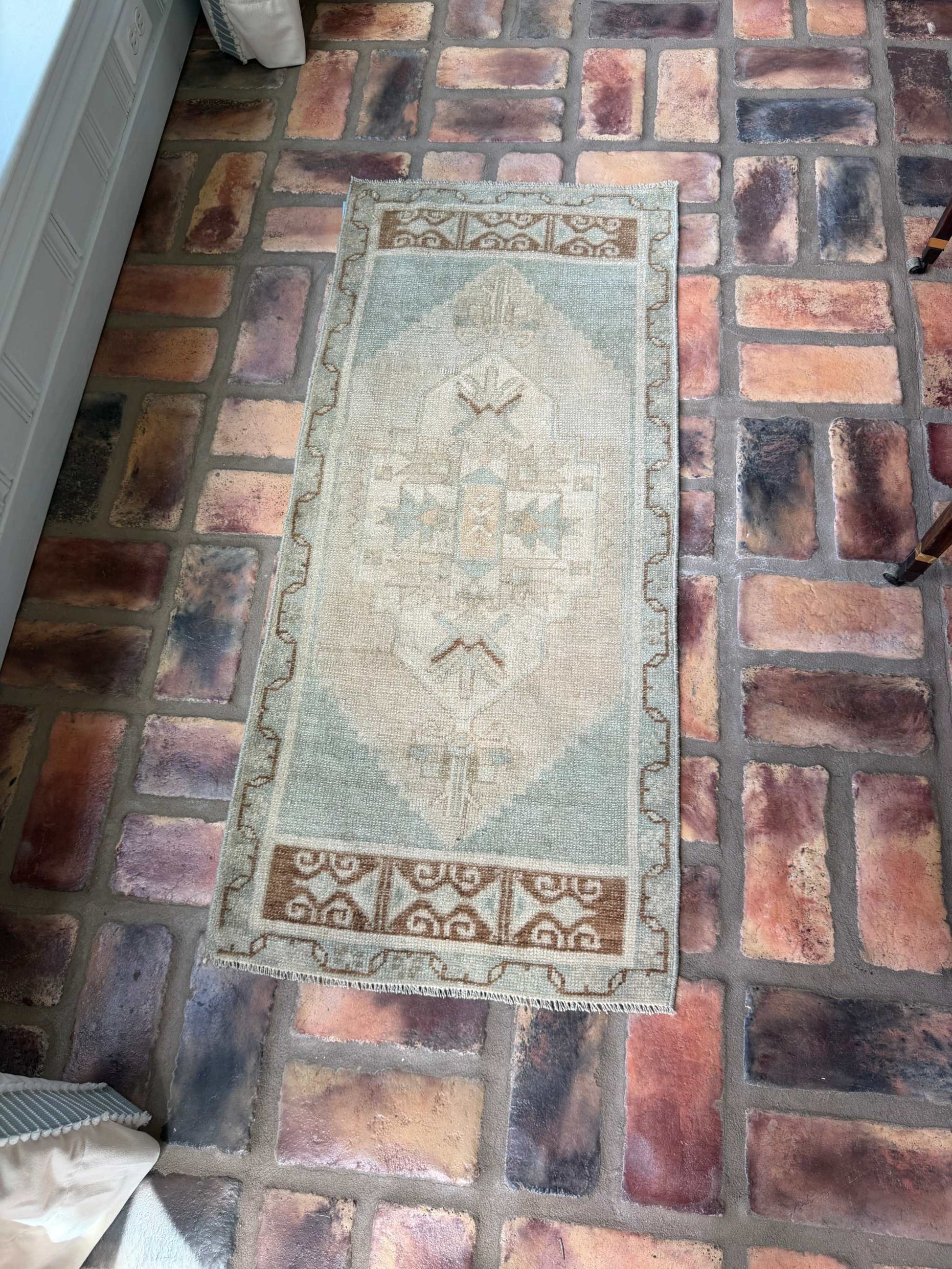 Small Oushak Rug with sage, beige, and brown, hand-knotted wool vintage design