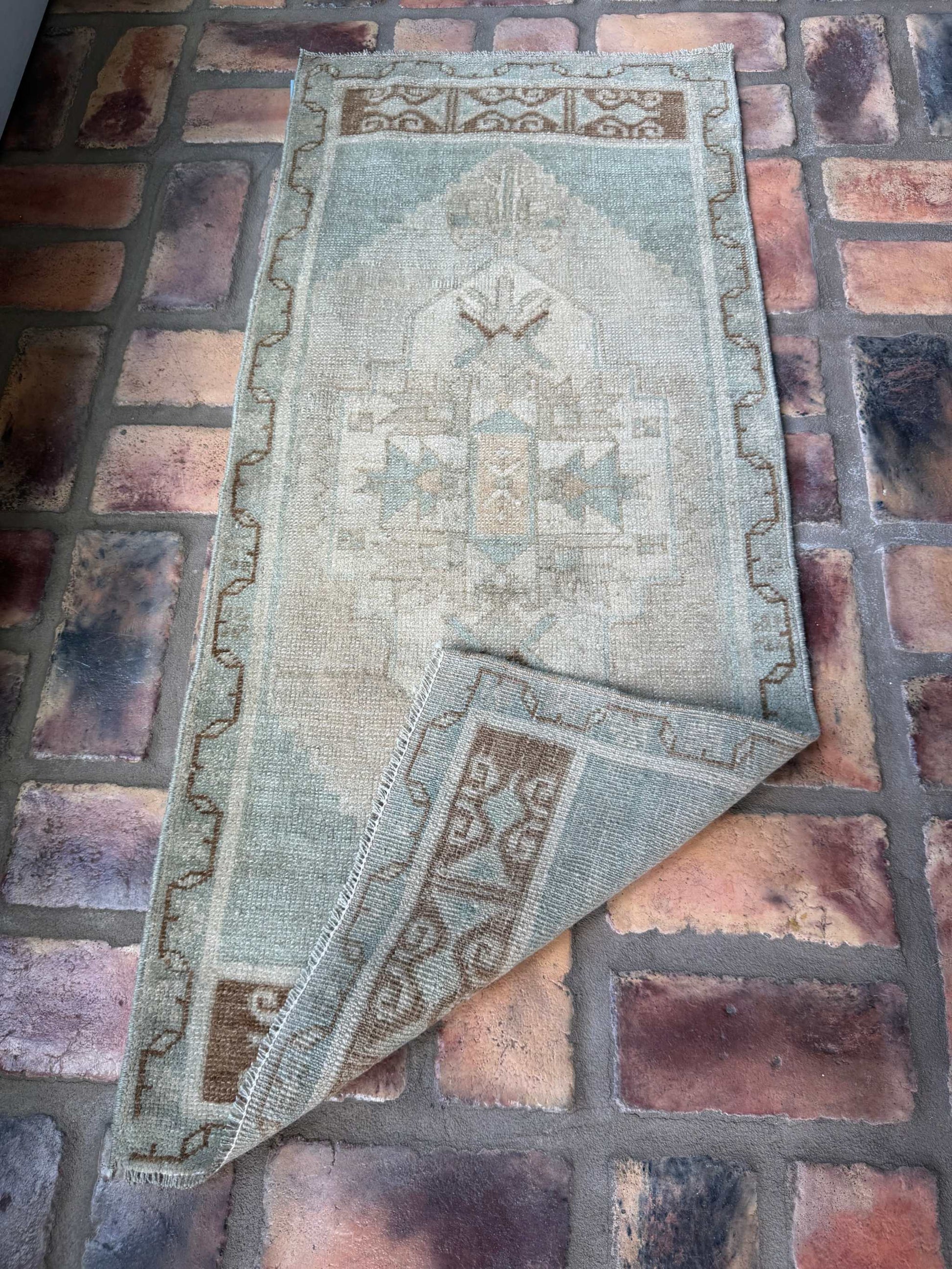 Small Oushak Rug 1'7" x 3'7" hand-knotted wool vintage sage beige brown