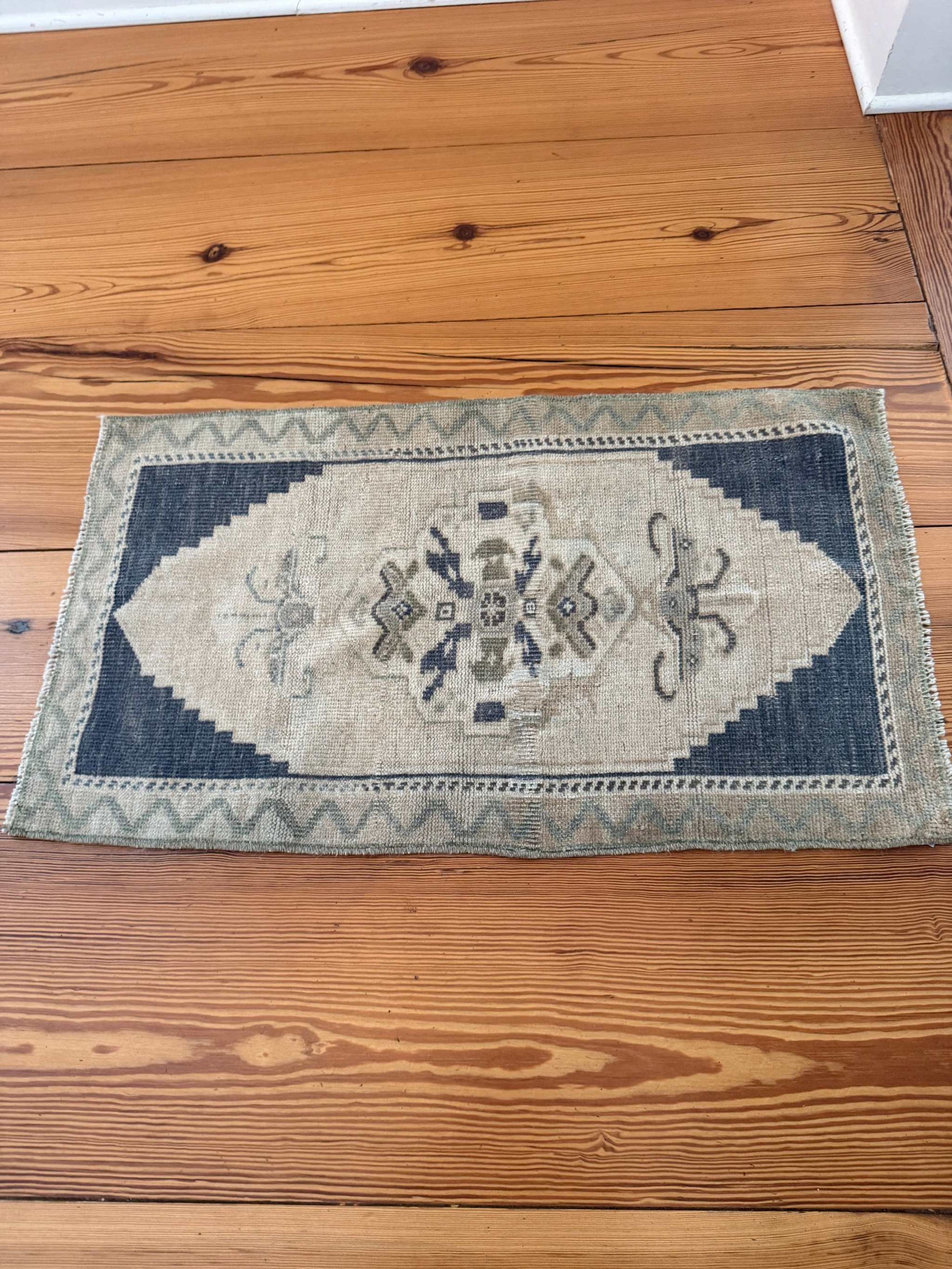Small Turkish Rug with deep slate blue and beige hand-knotted wool design