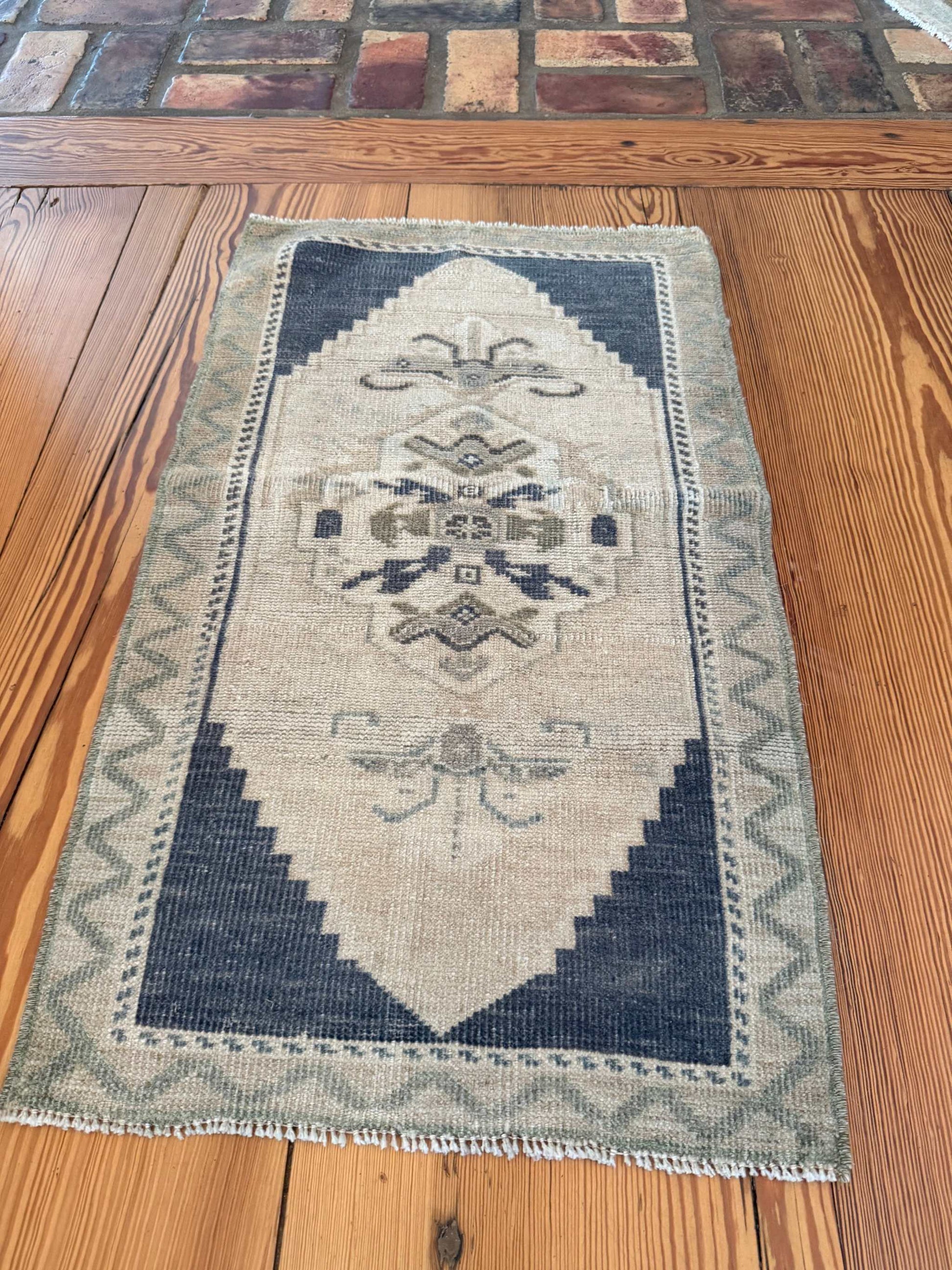 Small Turkish Rug in deep slate blue and beige hand-knotted wool vintage Oushak design