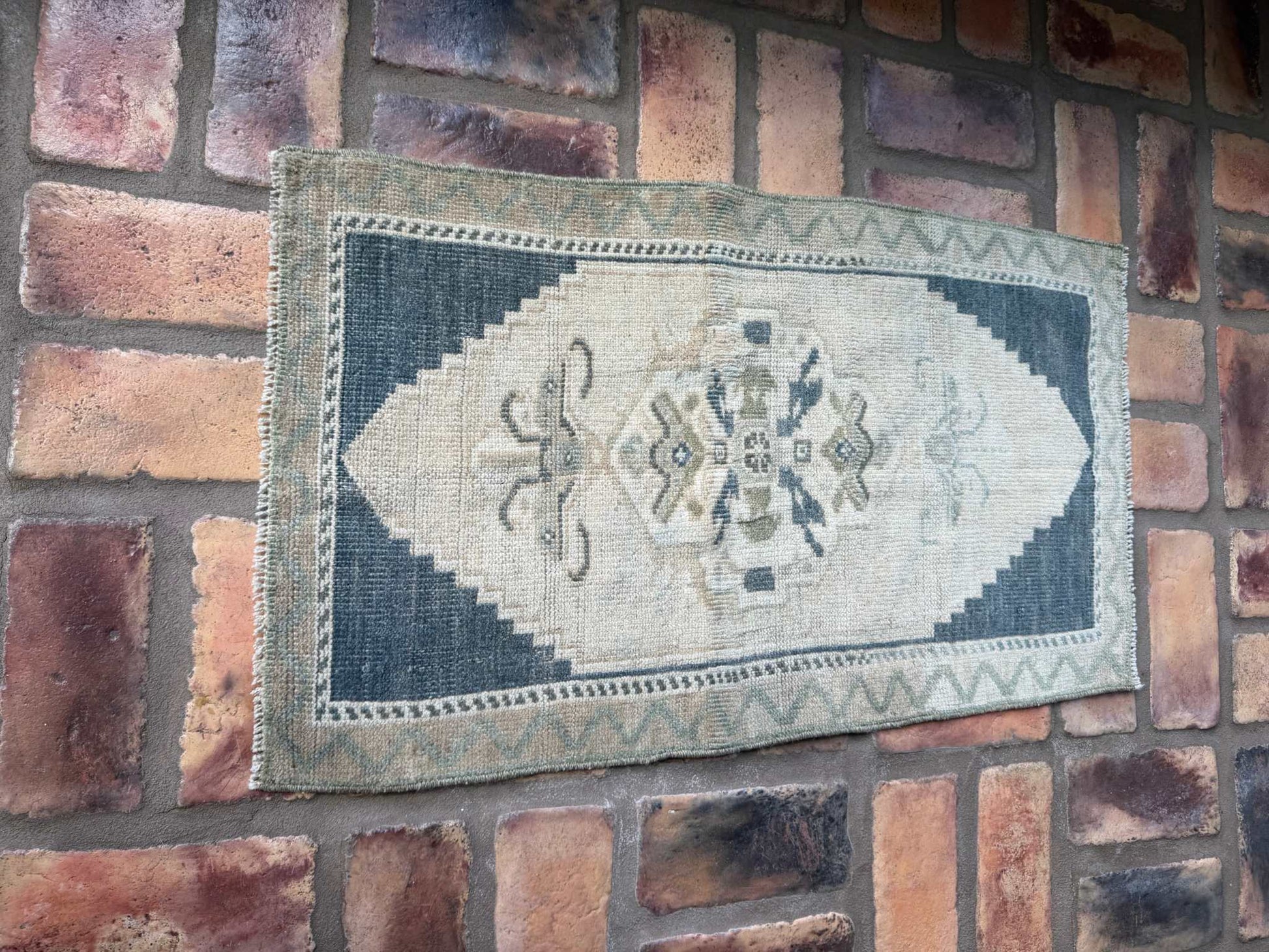Small Turkish Rug 1'7" x 2'9" hand-knotted vintage Oushak with deep slate blue and beige colors