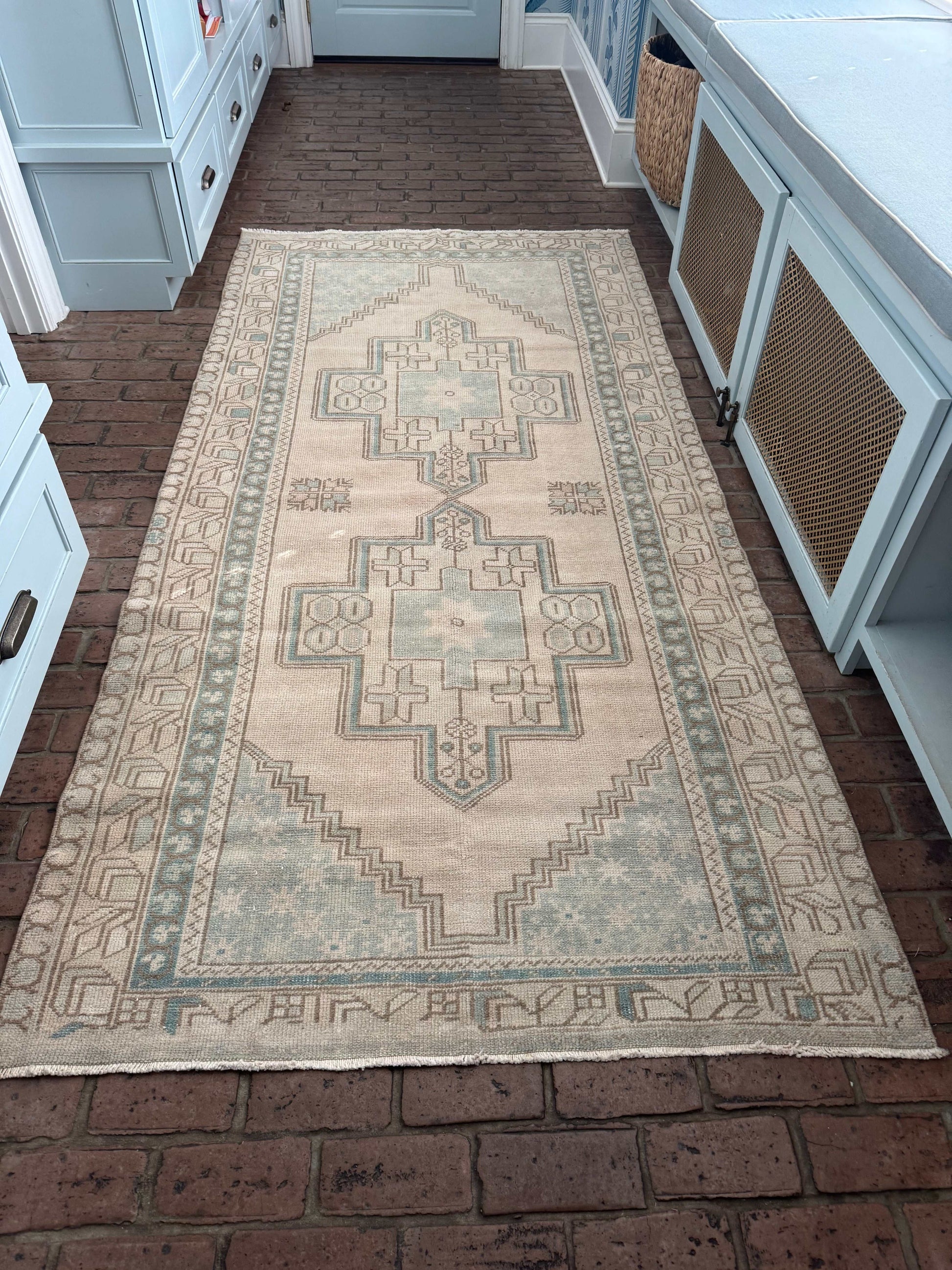 Vintage 4'4" x 9' area rug with pale blue-aqua and beige colors, double center medallions design.